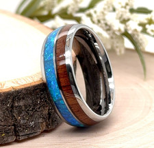 Silver Tungsten 8MM Christmas Ring Whiskey Barrel Blue Opal  Wood Inlay Band