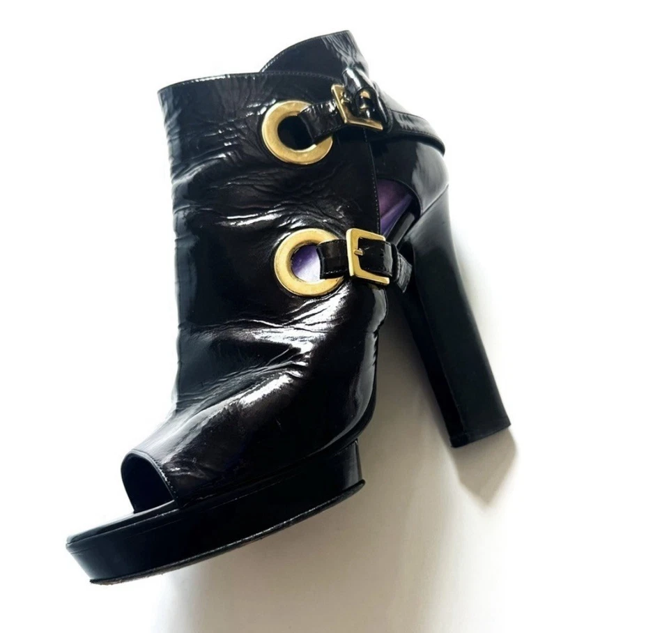 Sergio Rossi Crinkle PatentLeather Open-toe BootiesGolden Statement Buckles 38 - Image 3 of 4