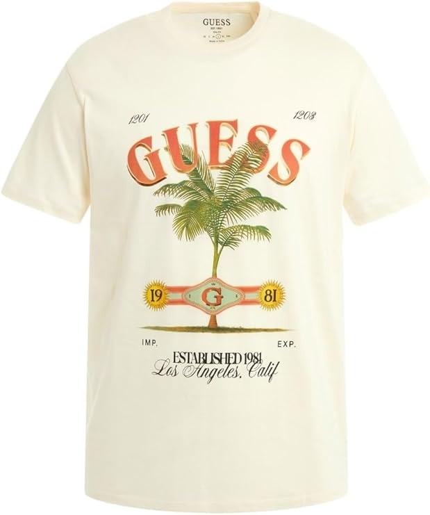 Мужская футболка Guess с коротким рукавом и круглым вырезом с изображением пальмы - Жемчужно-белая-Маленький размер