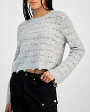 Hooked Up by IOT X6029 Juniors' Open Heart Stitch Pullover Sweater, Gray, L