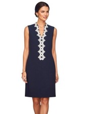 Vince Camuto Navy Blue Sleeveless Sheath Dress with White Embroiderd Trim Size 8