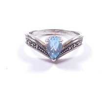 Ladies Wishbone Ring Blue Topaz Marcasite 925 Sterling Silver 4.6g UK Size S