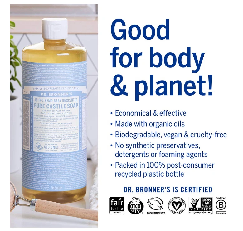 Dr. Bronner's Magic Pure Castile Liquid Soap - Unscented - 32 oz x 4 bottles NEW - Image 4 of 4