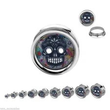 PAIR-Sugar Skull Colorful Steel Screw In Ear Plugs 14mm/9/16" Gauge 