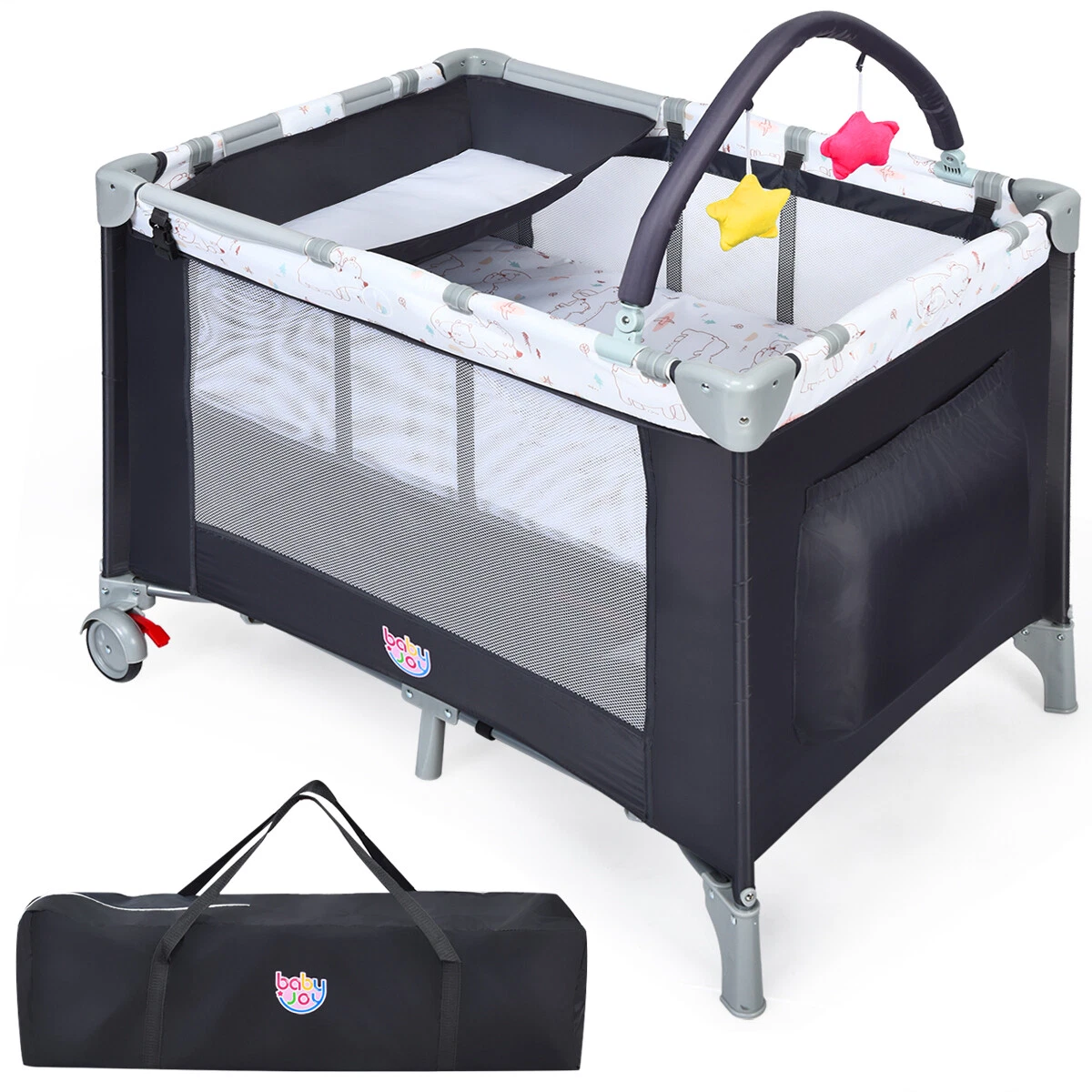 Portable Baby Playard Playpen Infant Nursery Center w Hanging Toys Mattress