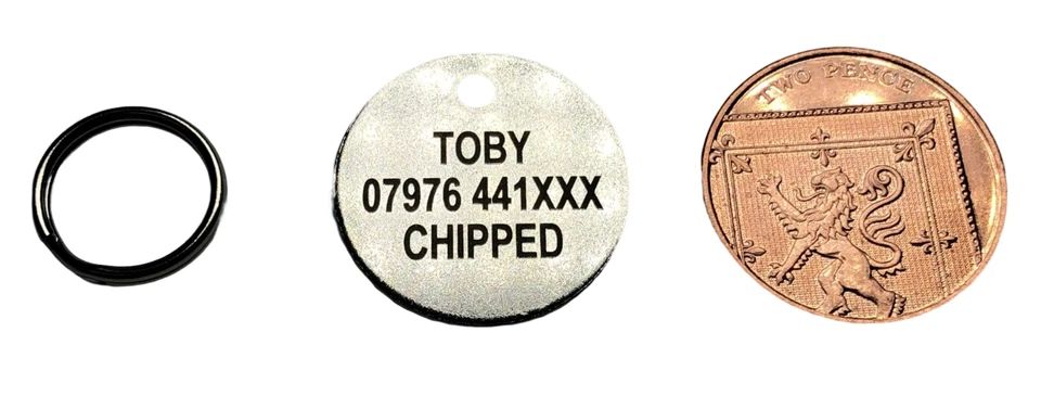25mm LASER ENGRAVED PET TAGS ID DISC TAG CAT DOG METAL SILVER NICKEL + SPLITRING - Image 2 of 4
