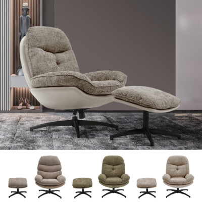 Soft Chenille Fabric Recliner Chair Swivel Lounge Seat &Footstool