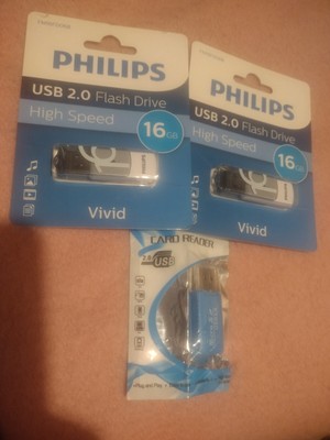 PHILIPS USB 2.0 Flash Drive High Speed Vivid 16gb ( 2) & 1 2.0 USB Card reader