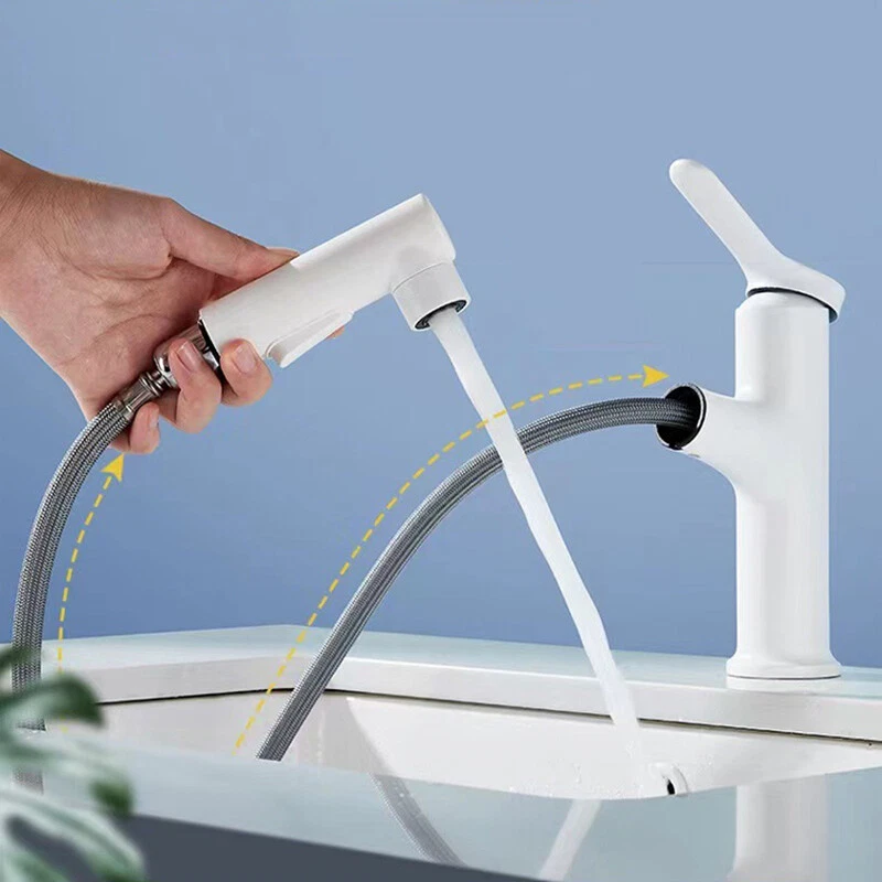 Sink Basin Tap Pull Out Taps White Faucet 360° Rotatable Alloy Bathroom Faucet - Image 3 of 4