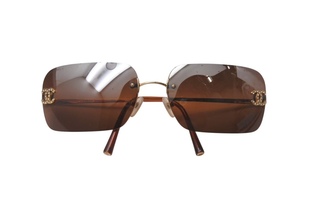 CHANEL Rimless Sunglasses Coco Mark Rhinestone Gradient 4017