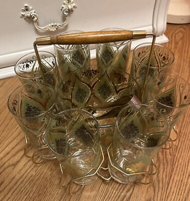 (8)Pasinski Gold Avocado Glass MCM Holder Ice Bucket Tongs Retro Vintage Set