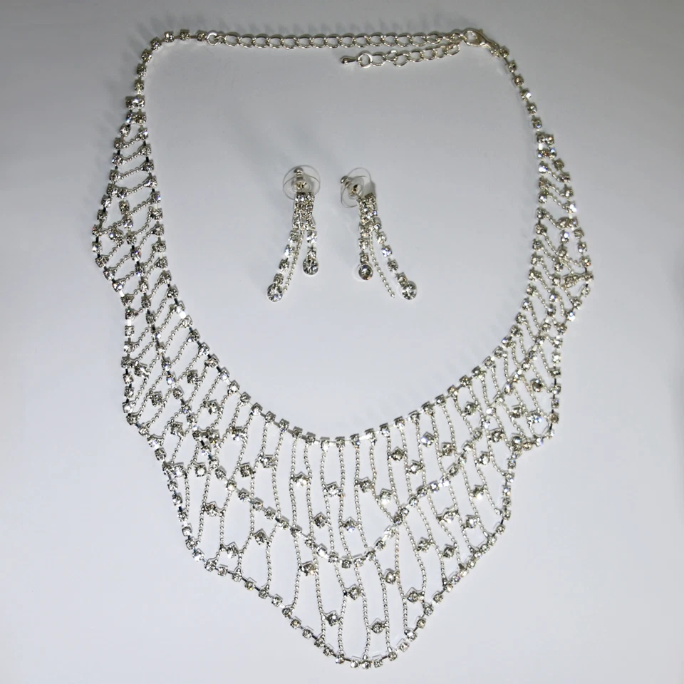 Set Gioielli Collier Orecchini Cristalli Strass Sposa Collana Argento 61 - Immagine 3 di 3