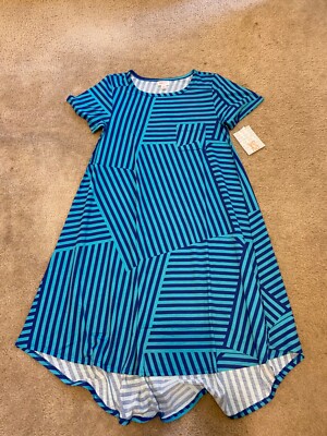 LulaRoe Carly Dress Blue Striped Geometric Geo Unicorn Hi Lo Swing Sz XS X Small
