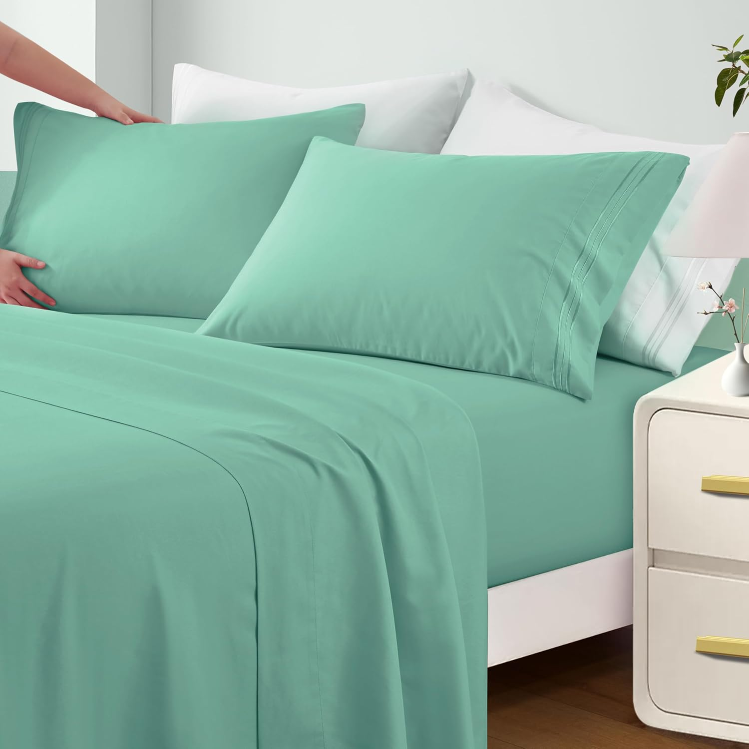 Full Sheet Set - 4 Piece Microfiber Full Size Light Teal Sheets Hotel Luxury 180