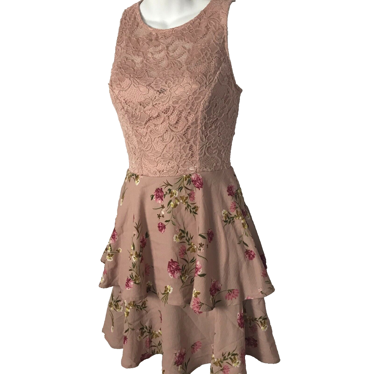 TeezeMe Fit Flare Dress Womens 2 Rose Pink Floral Lace Tiered Cutout  Romantic