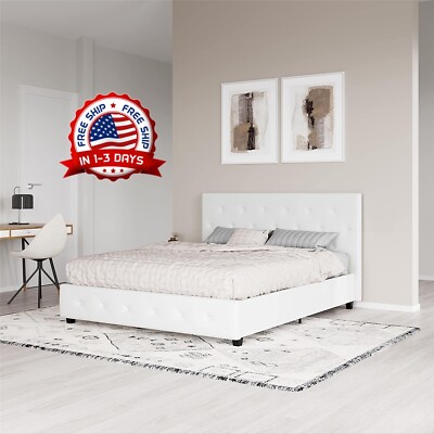 Marco de Cama Queen Madera Tapizado Cuero Sintetico Blanco  Plataforma Caja NEW
