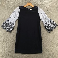 Loft Tunic Shift Dress Womens Small Blue Cotton Bell Sleeve Zip Back Round Neck
