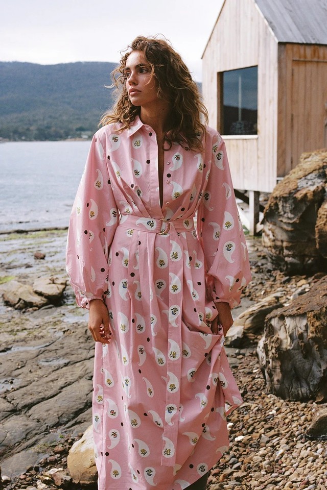 Palm Noosa Emily Shirt Dress Size AU 8 Bicheno Paisley Pink Maxi Belted Cotton