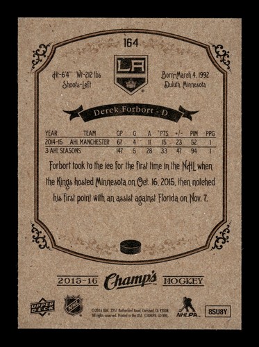 2015-16 Upper Deck Champ's #164 Derek Forbort - Los Angeles Kings RC Hockey Card - Picture 2 of 2