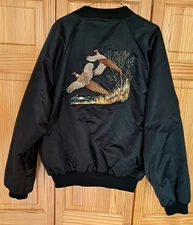 Vtg Hartwell 80s Pheasant  Embroidered Bomber Black Satin Jacket  Mens XL USA