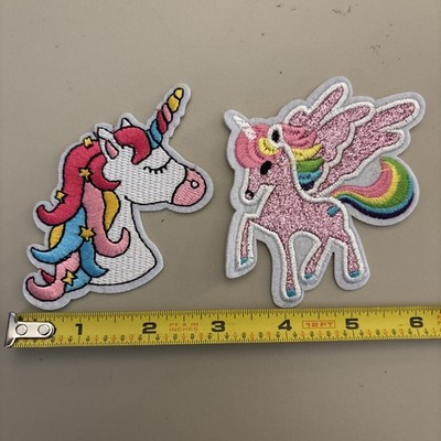 2 Pc - Pegasus & Unicorn Horse Glitter Rainbow - Embroidered Iron on Patches