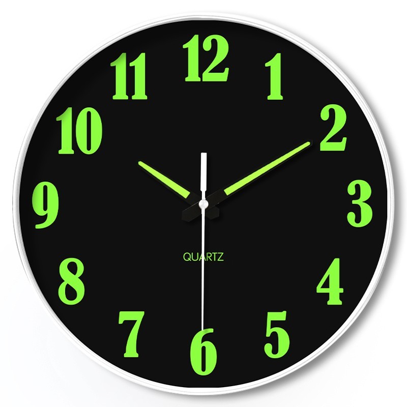 Black plastic luminous wall clock, battery powered, round, s