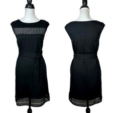 Ann Taylor Small Petite Black Sheer Lace Panel Sleeveless Belted Shift Dress