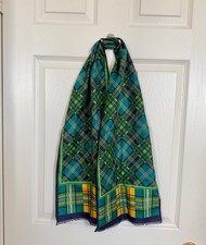 Vintage Long Plaid Scarf Fringe Ends Blue Green Yellow