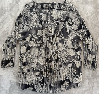 Notations Peasant Blouse Womens Gray Floral 3/4 Sleeve Semi Sheer Crinkle Flowy