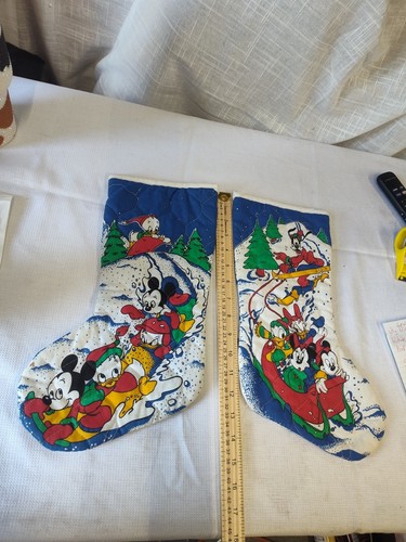 Vtg Disney Quilted Christmas Stocking Characters Sledding & Skiing 15" Set Of 2