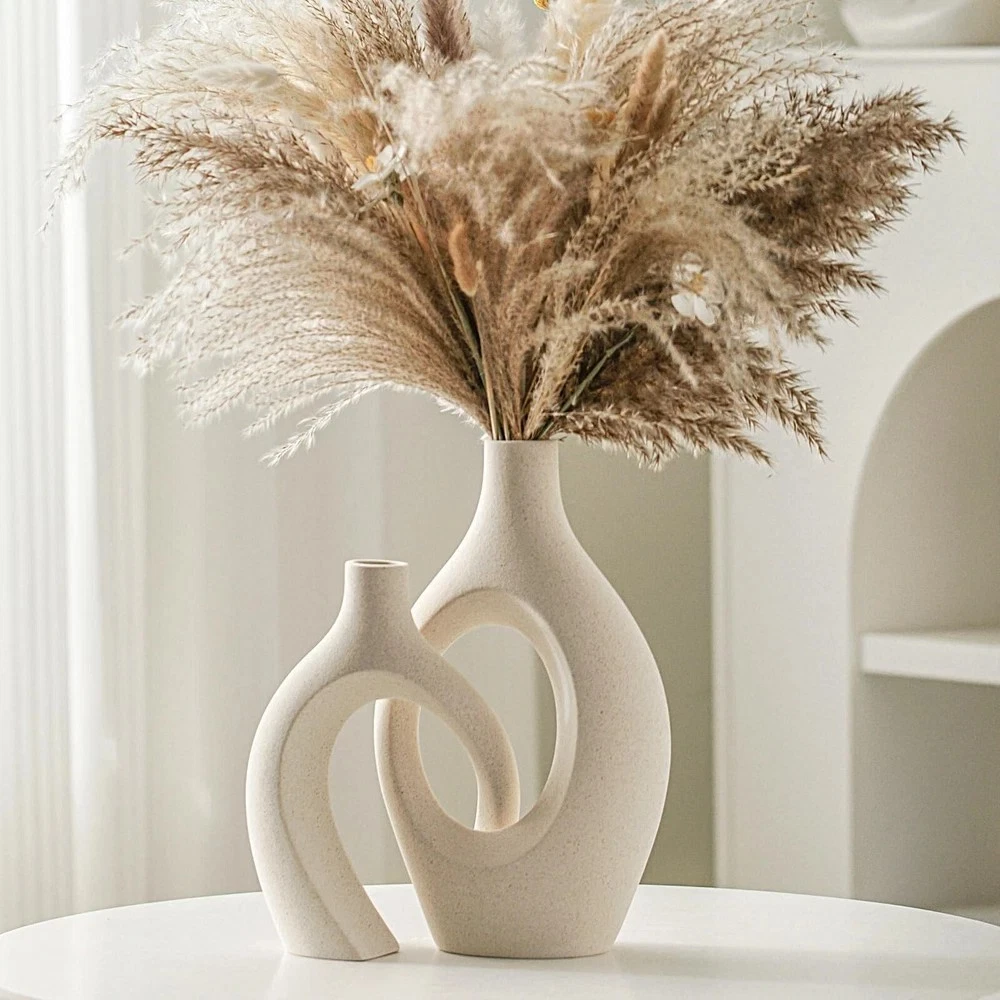 Snuggle Hollow Ceramic Vase Set of 2, Boho ins Style Round Nordic Mid Century...