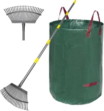 Heavy-Duty Adjustable Garden Rake with Leaf Bags, 36-73" Handle, 18" Head
