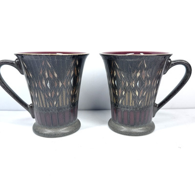 Denby England Pottery Coffee Mug Set Gothic Geometric Burgundy Gray Cups