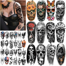 77 Sheets Black Skull Temporary Tattoos Adult Women Men Skeleton Death Devil Hal