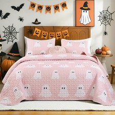 Halloween Quilts Queen Size, Pink Bedspread Ghost Bedding Set 3 Pcs