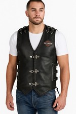 Men's Cowhide Leather Heavy Buckled Braid Rocker Biker Vest Motorcycle Waistcoat