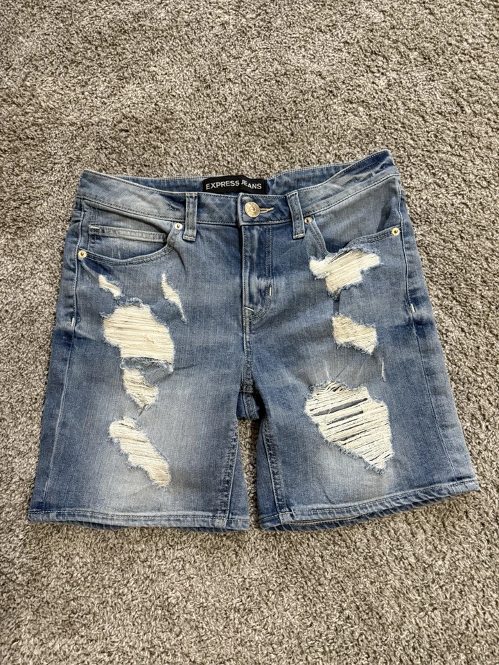Bermudas vaqueras de mezclilla desgastadas Express de tiro alto para mujer talla 2 elásticas Foto 4 de 4