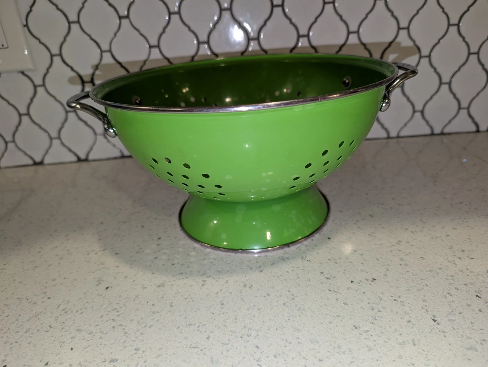 Vintage Kitchen Strainer 9" x 5" Green Enameled Metal Colander Farmhouse Chrome