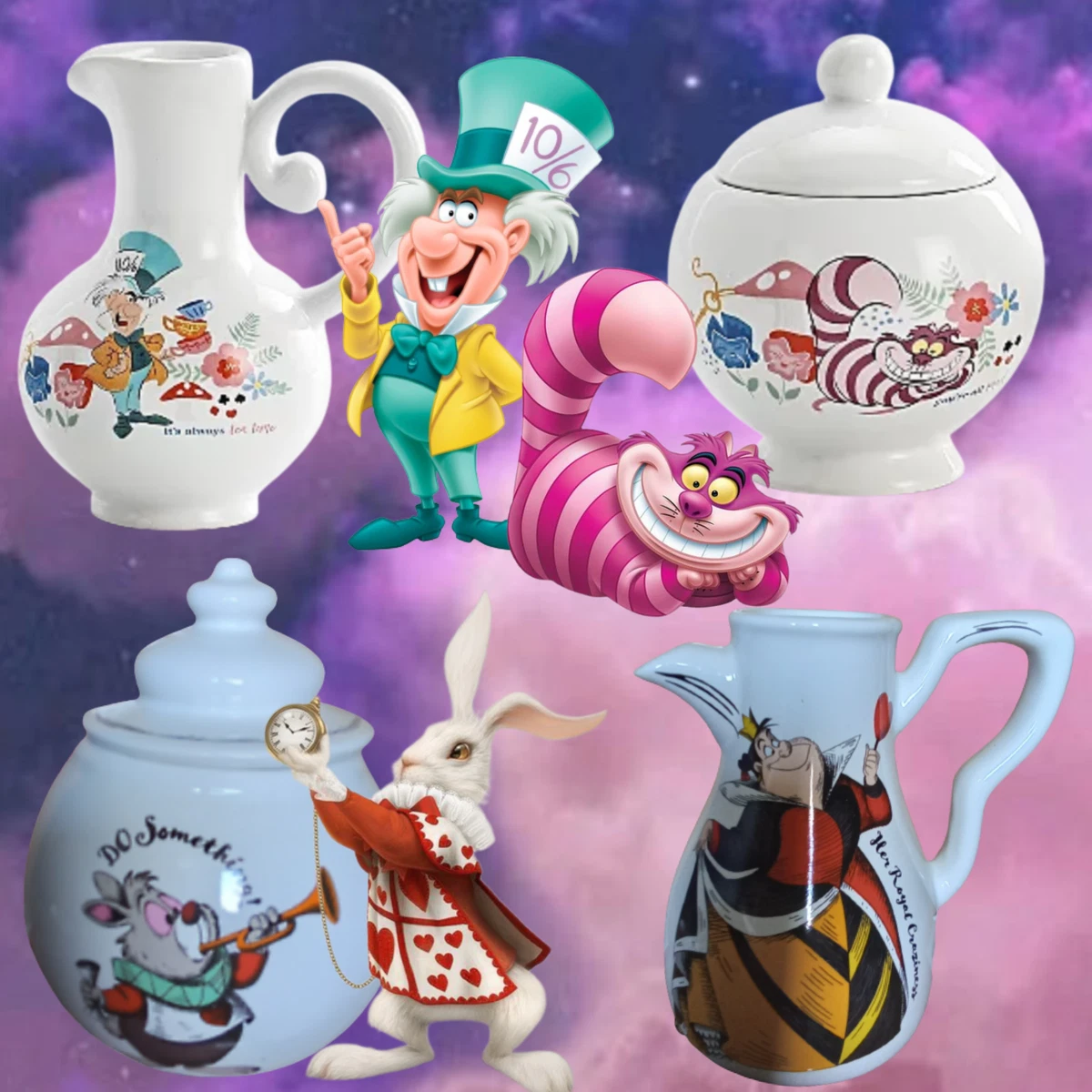 Disney Alice In Wonderland Tea Cups Mugs Milk Jug Sugar Bowl BRAND NEW GIFT
