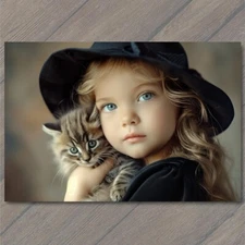 POSTCARD Girl Cat Blue Eyes Pet Old Vibe Unusual Cute Beautiful Strange Fun
