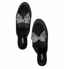 Victoria's Secret Slippers Velvet Slides Silver Rhinestones Sandals Black Medium