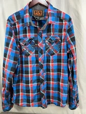 Rock Revival Mens Large Blue Plaid Button Up Embroidered Logo Short Sleeve Shirt