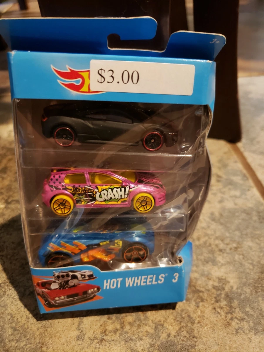 Hot Wheels 3 Pack 2016 Race Cars Pink Crash, Black Red Sports Car Orange RSQ