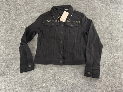 Orsay Denim Jacket Womens 8 Beaded Black Embellished Cropped Stretch N283
