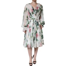 DOLCE & GABBANA Dress White Silk Floral Print A-line Midi IT50/US16/3XL 4280usd