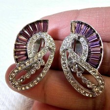 Weisner? Baguettes Silvertone earrings w/ Purple & Clear stones -UNSIGNED - READ