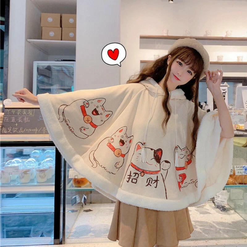 Ladies Girls Cloak Coat Fleece Hooded Cape Jacket Cute Poncho Fortune Lucky Cat - Image 2 of 4
