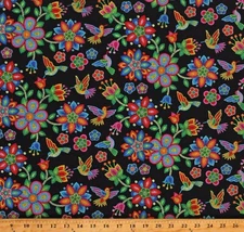 Cotton Hummingbirds Flowers Beadwork-Look Black Tucson Fabric Print BTY D363.05
