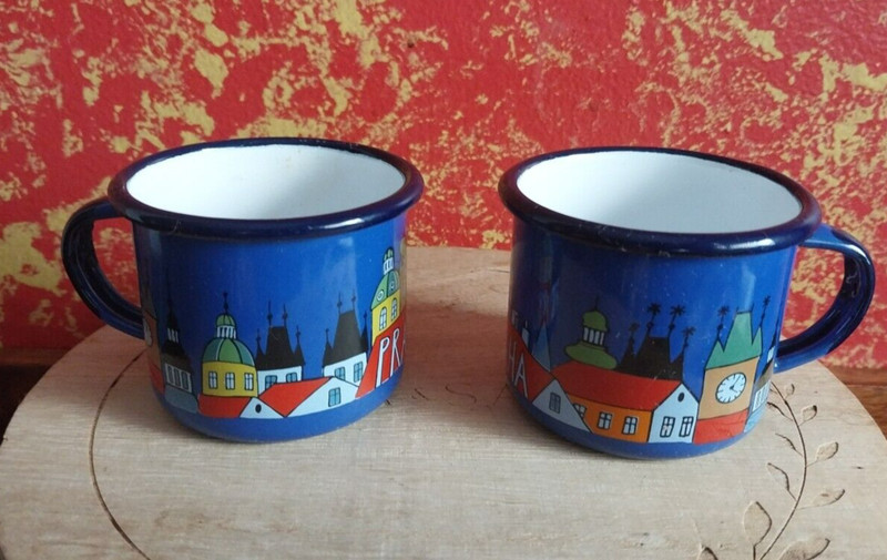 Two SMALTUM Prague City Landscape ~ Praha Souvenir Mugs Blue Enamel Cups