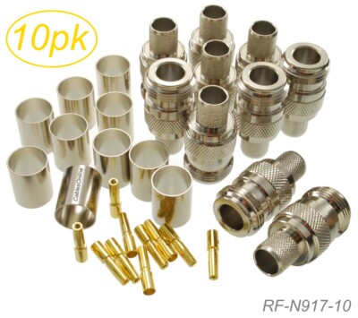 10-Pack, N Female Crimp Type RF Connectors for RG8/RG213/LMR400 Coax Wire